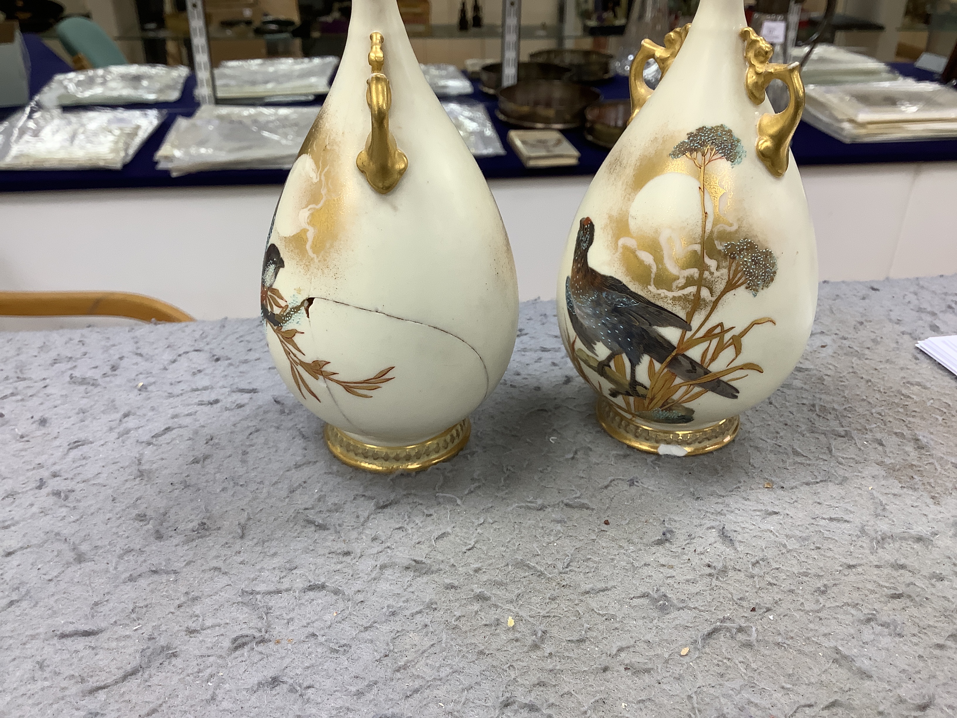 A group of five late 19th century Worcester ceramics, to include figure of a boy, a chamberstick formed as a mouse and candle, an Aesthetic period vase and a pair of bird painted vases